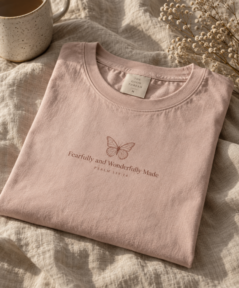 Dusty Blush relaxed-fit tee printed with “Fearfully and Wonderfully Made” in mauve serif type, folded on a linen backdrop